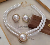 Elegant 2-Row Pearl Choker Necklace with Stud Earrings Women Fashion Jewelry Set