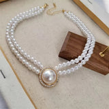 Elegant 2-Row Pearl Choker Necklace with Stud Earrings Women Fashion Jewelry Set