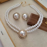 Elegant 2-Row Pearl Choker Necklace with Stud Earrings Women Fashion Jewelry Set