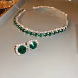 Glamorous Green Crystal Statement Choker Necklace & Stud Fashion Jewelry Set
