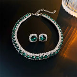Glamorous Green Crystal Statement Choker Necklace & Stud Fashion Jewelry Set