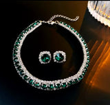 Glamorous Green Crystal Statement Choker Necklace & Stud Fashion Jewelry Set