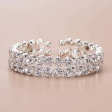 Silver 3-Row Crystal Tennis Bracelet Wide FlexibleStatement Cuff Evening Bangle