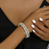 Silver 3-Row Crystal Tennis Bracelet Wide FlexibleStatement Cuff Evening Bangle