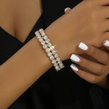 Silver 3-Row Crystal Tennis Bracelet Wide FlexibleStatement Cuff Evening Bangle