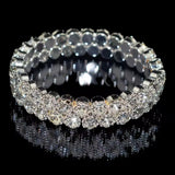 Silver 3-Row Crystal Tennis Bracelet Wide FlexibleStatement Cuff Evening Bangle