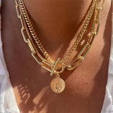 3-Layer Gold Chunky Paperclip Chain OT Coin Necklace Women Punk Fashion Jewelry