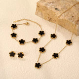 Lucky Four-Leaf Black Clover Pendant 3-Piece Necklace, Bracelet & Stud Earrings Set for Women