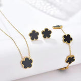 Lucky Four-Leaf Black Clover Pendant 3-Piece Necklace, Bracelet & Stud Earrings Set for Women
