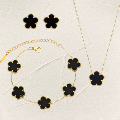 Lucky Four-Leaf Black Clover Pendant 3-Piece Necklace, Bracelet & Stud Earrings Set for Women