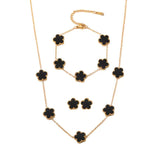 Lucky Four-Leaf Black Clover Pendant 3-Piece Necklace, Bracelet & Stud Earrings Set for Women