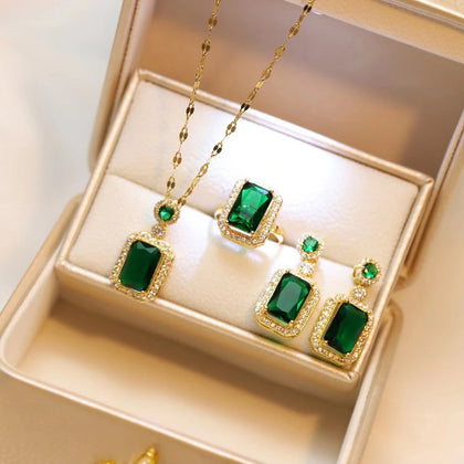 3pc Emerald Green CZ Luxury Necklace, Ring and Drop Earrings Jewelry Set