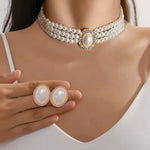 Elegant Women Large Simulated Pearl 3pc Necklace Earrings Luxury Fashion Jewelry Set