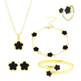 5pc Lucky Black Flower Fashion Pendant Necklace, Earrings, Bracelet Jewelry Set