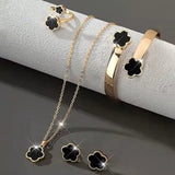 5pc Lucky Black Flower Fashion Pendant Necklace, Earrings, Bracelet Jewelry Set