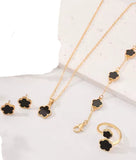 Elegant Lucky 5-Piece Black Enamel Clover Charm Jewelry Set - Necklace, Bracelet, Ring, Earrings