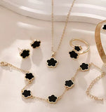 Elegant Lucky 5-Piece Black Enamel Clover Charm Jewelry Set - Necklace, Bracelet, Ring, Earrings