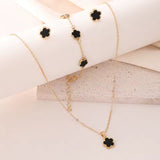 Elegant Lucky 5-Piece Black Enamel Clover Charm Jewelry Set - Necklace, Bracelet, Ring, Earrings