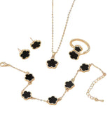 Elegant Lucky 5-Piece Black Enamel Clover Charm Jewelry Set - Necklace, Bracelet, Ring, Earrings