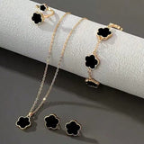 Elegant Lucky 5-Piece Black Enamel Clover Charm Jewelry Set - Necklace, Bracelet, Ring, Earrings