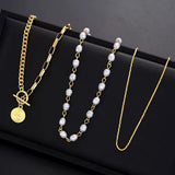 Trendy Gold-Tone 3-Layer Chunky Paperclip Link Chain Necklace with Coin Pendant