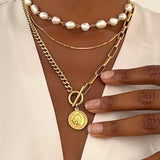 Trendy Gold-Tone 3-Layer Chunky Paperclip Link Chain Necklace with Coin Pendant