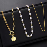 Trendy Gold-Tone 3-Layer Chunky Paperclip Link Chain Necklace with Coin Pendant