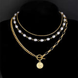 Trendy Gold-Tone 3-Layer Chunky Paperclip Link Chain Necklace with Coin Pendant