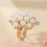 Elegant Faux Pearls & Gold CZ Accents Adjustable Statement Cocktail Finger Ring