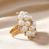 Elegant Faux Pearls & Gold CZ Accents Adjustable Statement Cocktail Finger Ring