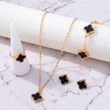 Lucky 5-Piece Black Enamel Clover Charm Necklace, Bracelet, Ring, Earrings Jewelry Set