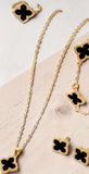 Lucky 5-Piece Black Enamel Clover Charm Necklace, Bracelet, Ring, Earrings Jewelry Set