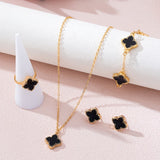 Elegant Lucky 5-Piece Black Enamel Clover Charm Jewelry Set - Necklace, Bracelet, Ring, Earrings