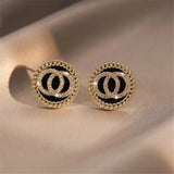 Elegant Black Enamel & Crystal Double Circle Women Stud Earrings Fashion Jewelry