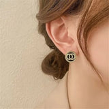 Elegant Black Enamel & Crystal Double Circle Women Stud Earrings Fashion Jewelry