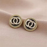 Elegant Black Enamel & Crystal Double Circle Women Stud Earrings Fashion Jewelry