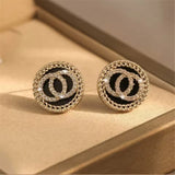 Elegant Black Enamel & Crystal Double Circle Women Stud Earrings Fashion Jewelry
