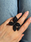 Black Cubic Zirconia Oversize Butterfly Flower Resizable Ring for Women
