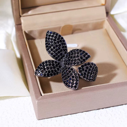 Black Cubic Zirconia Oversize Butterfly Flower Resizable Ring for Women