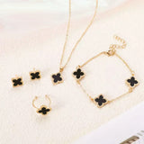 Lucky 5-Piece Black Enamel Clover Charm Necklace, Bracelet, Ring, Earrings Jewelry Set