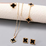 Lucky 5-Piece Black Enamel Clover Charm Necklace, Bracelet, Ring, Earrings Jewelry Set