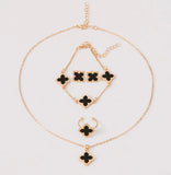 Lucky 5-Piece Black Enamel Clover Charm Necklace, Bracelet, Ring, Earrings Jewelry Set