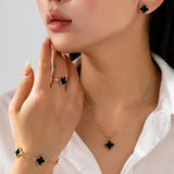 Lucky 5-Piece Black Enamel Clover Charm Necklace, Bracelet, Ring, Earrings Jewelry Set