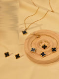 Lucky 5-Piece Black Enamel Clover Charm Necklace, Bracelet, Ring, Earrings Jewelry Set