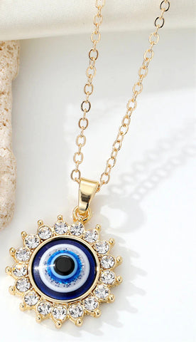 Blue Evil Eye Sun Pendant Necklace Shiny Zircon Sweater Clavicle Chain Women Lucky Friendship Jewelry Gift