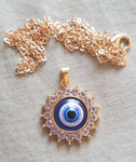 Blue Evil Eye Sun Pendant Necklace Shiny Zircon Sweater Clavicle Chain Women Lucky Friendship Jewelry Gift