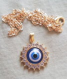 Blue Evil Eye Sun Pendant Necklace Shiny Zircon Sweater Clavicle Chain Women Lucky Friendship Jewelry Gift