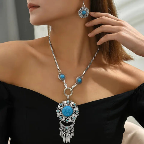 Bohemian Blossom Turquoise & Silver Statement Jewelry SetTurquoise Flower Pendant Silver Chain Necklace & Earrings Fashion Jewelry Set