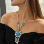 Bohemian Blossom Turquoise & Silver Statement Jewelry SetTurquoise Flower Pendant Silver Chain Necklace & Earrings Fashion Jewelry Set