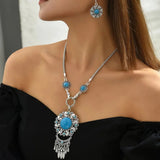 Bohemian Blossom Turquoise & Silver Statement Jewelry SetTurquoise Flower Pendant Silver Chain Necklace & Earrings Fashion Jewelry Set
